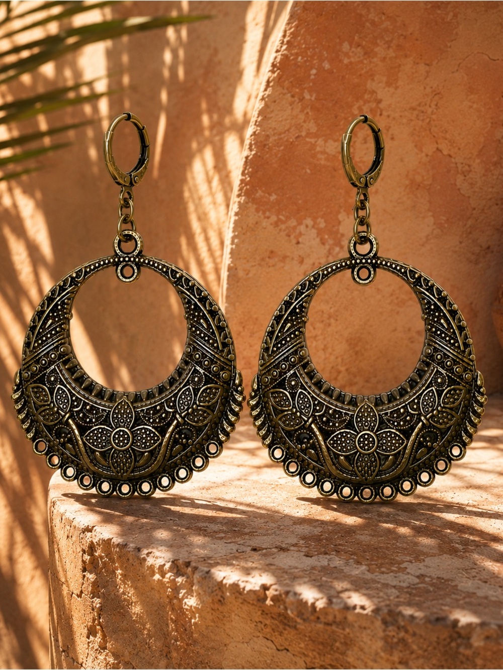 Antique Bronze Floral Hoop Earrings Artisan Statement Leverback Dangles